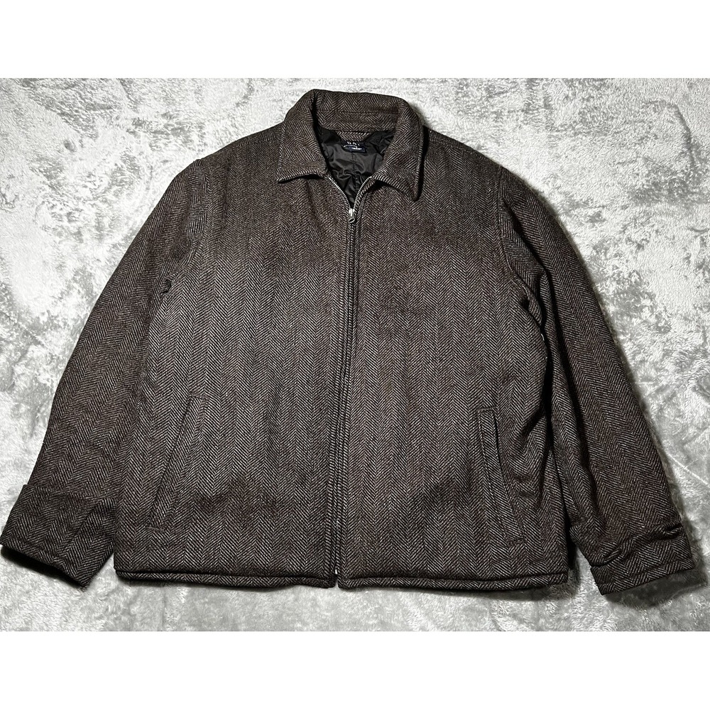 GAP Jacket Men Size Large Bomber Brown Wool Herringbone Zip Up Quilt Lined